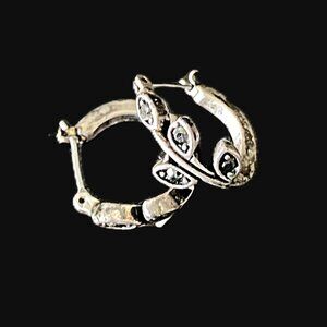 Vintage Silver Alloy & Black Onyx Hoop Earrings | Scrollwork Leaf Design